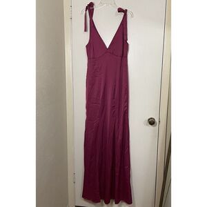 NEW MANIJU Magenta v neck plunge maxi gown dress tie shoulders size small